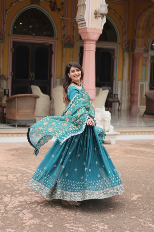 Picture of Shapely Chiffon Blue Readymade Gown With Dupatta