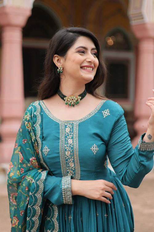 Picture of Shapely Chiffon Blue Readymade Gown With Dupatta