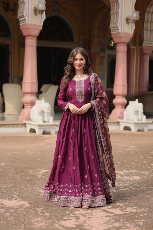 Picture of Radiant Chinon Wine Readymade Gown With Dupatta