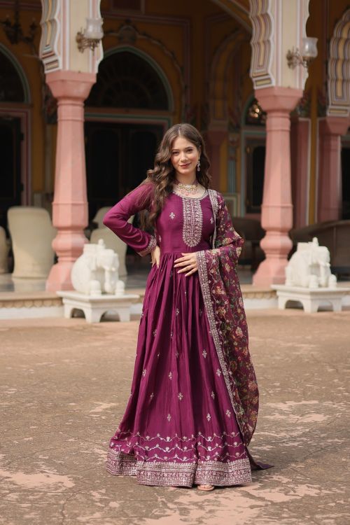 Picture of Radiant Chinon Wine Readymade Gown With Dupatta