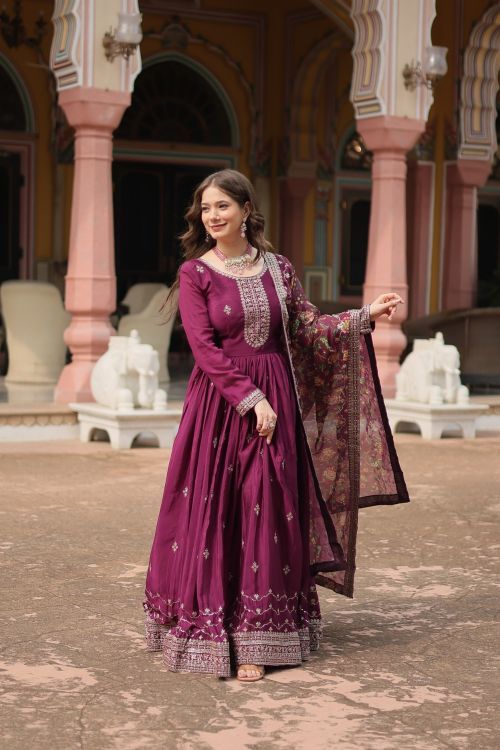 Picture of Radiant Chinon Wine Readymade Gown With Dupatta