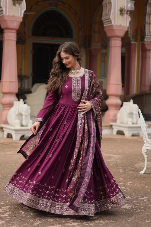 Picture of Radiant Chinon Wine Readymade Gown With Dupatta