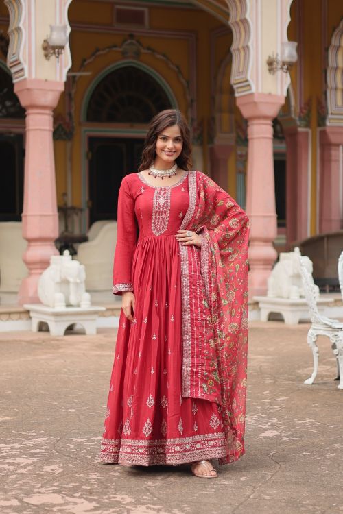 Picture of Radiant Chinon Maroon Readymade Gown With Dupatta