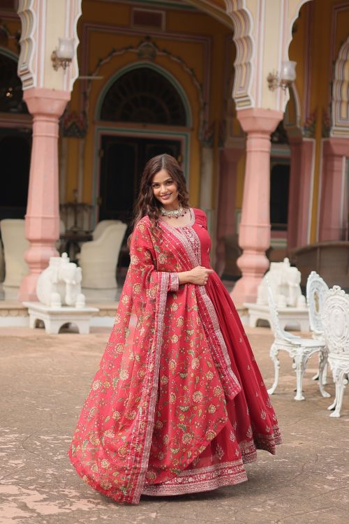 Picture of Radiant Chinon Maroon Readymade Gown With Dupatta