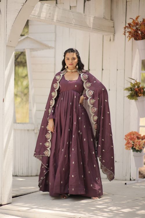 Picture of Gorgeous Vichitra Shimmer Onion Readymade Gown With Dupatta
