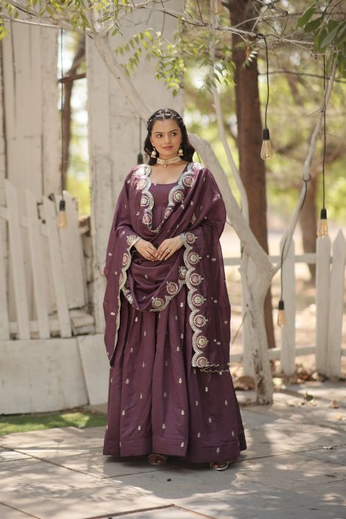 Picture of Gorgeous Vichitra Shimmer Onion Readymade Gown With Dupatta