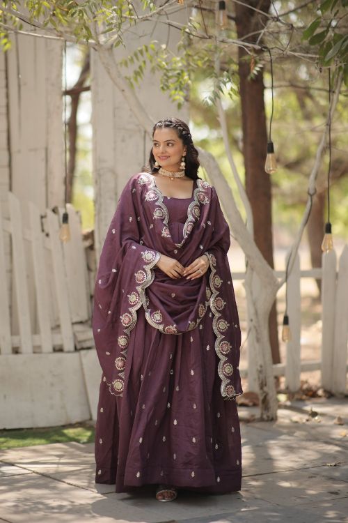 Picture of Gorgeous Vichitra Shimmer Onion Readymade Gown With Dupatta