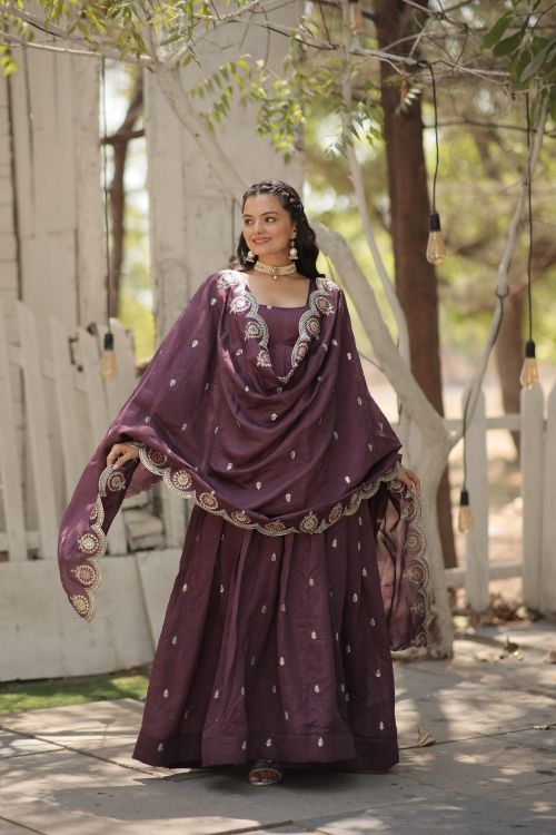 Picture of Gorgeous Vichitra Shimmer Onion Readymade Gown With Dupatta