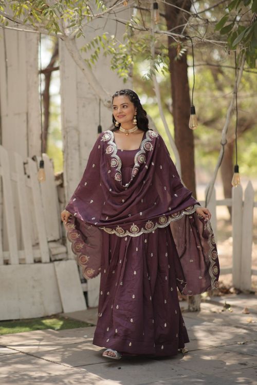 Picture of Gorgeous Vichitra Shimmer Onion Readymade Gown With Dupatta