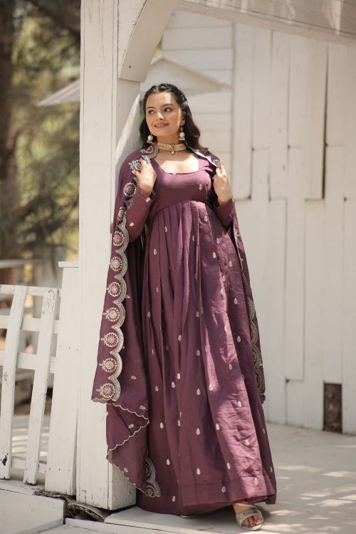 Picture of Gorgeous Vichitra Shimmer Onion Readymade Gown With Dupatta