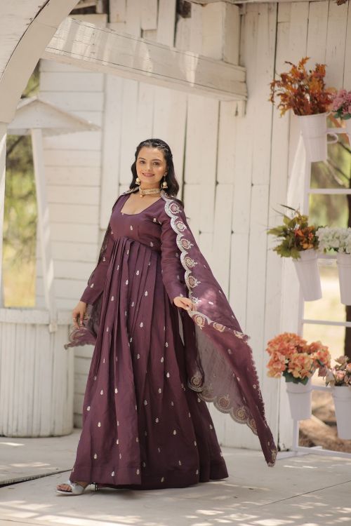 Picture of Gorgeous Vichitra Shimmer Onion Readymade Gown With Dupatta