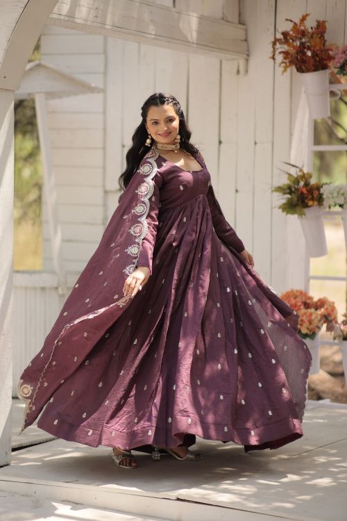 Picture of Gorgeous Vichitra Shimmer Onion Readymade Gown With Dupatta