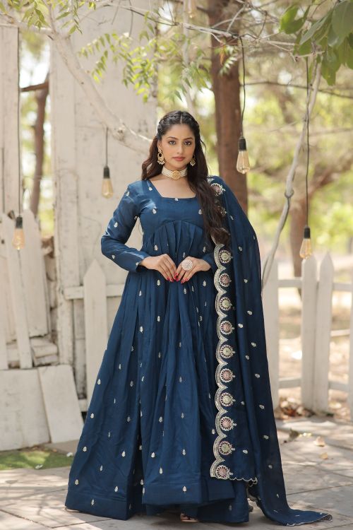 Picture of Ideal Vichitra Shimmer Teal Readymade Gown With Dupatta