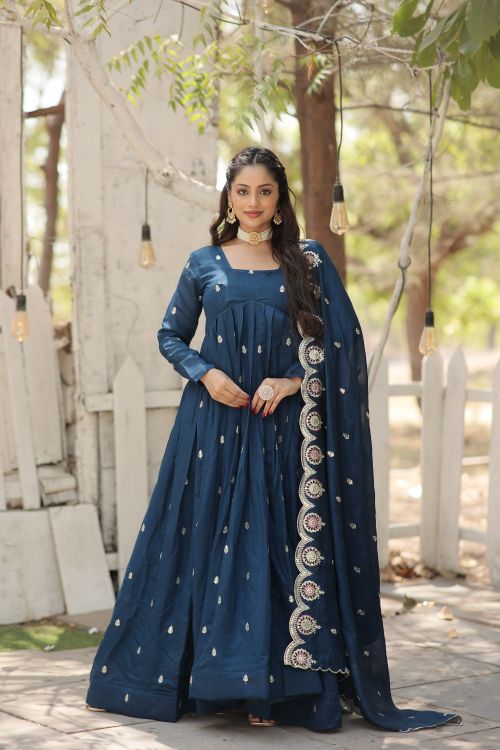 Picture of Ideal Vichitra Shimmer Teal Readymade Gown With Dupatta
