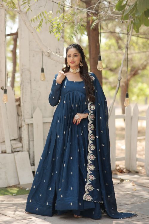 Picture of Ideal Vichitra Shimmer Teal Readymade Gown With Dupatta