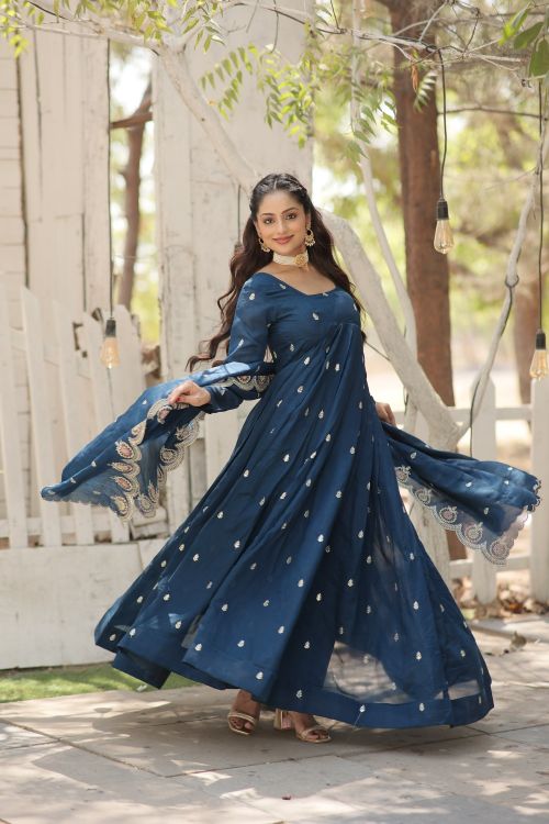 Picture of Ideal Vichitra Shimmer Teal Readymade Gown With Dupatta