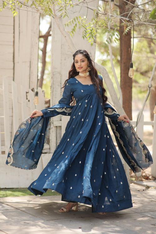 Picture of Ideal Vichitra Shimmer Teal Readymade Gown With Dupatta